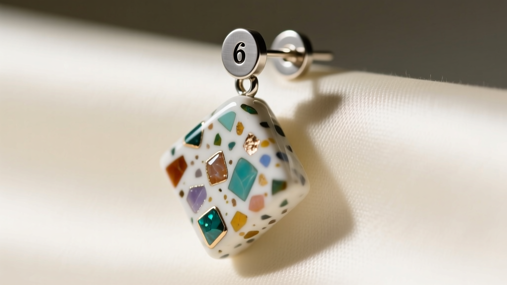 Macro shot of a 6mm steel earring pad bonded with UV resin to the back of a terrazzo polymer clay geometric dangle earring