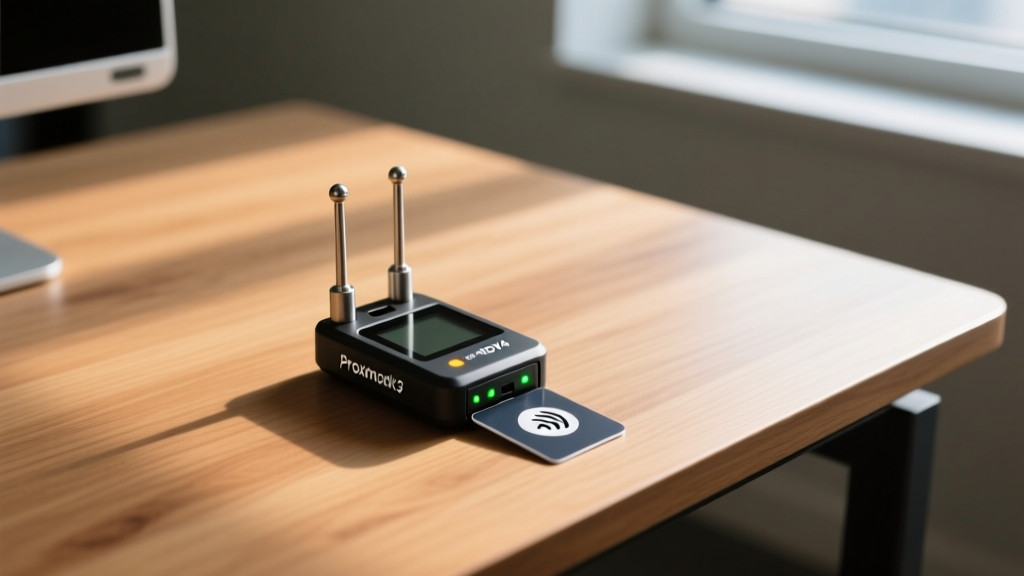 Proxmark3 RDV4 with low and high frequency antennas attached scanning a corporate RFID access badge on a wooden desk