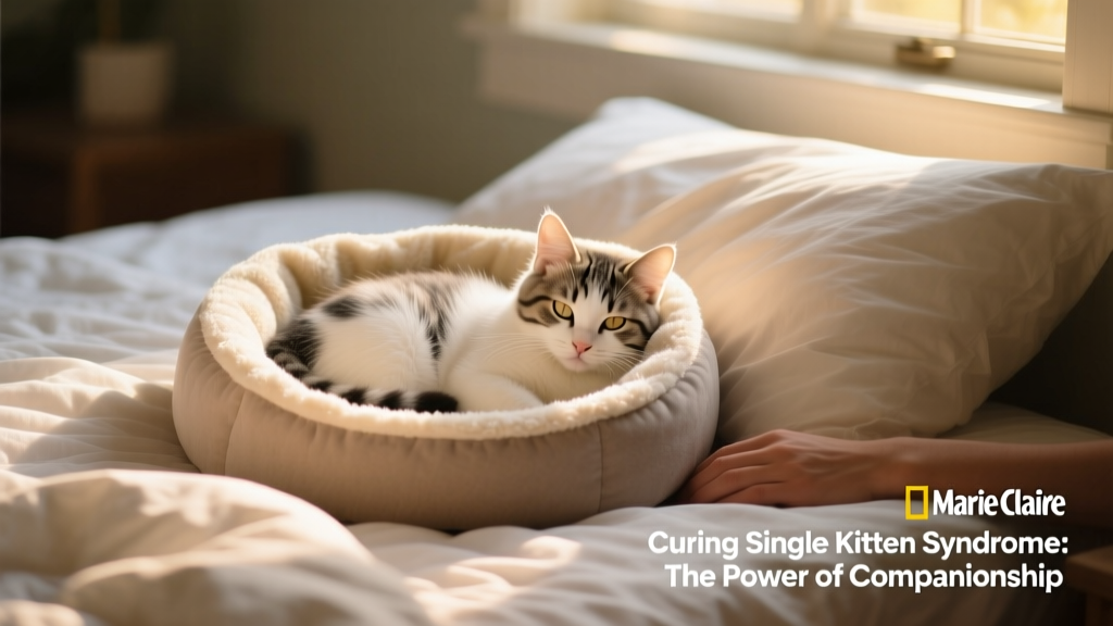 A calm, content kitten curled up asleep in a heated, covered cat bed beside a human’s pillow