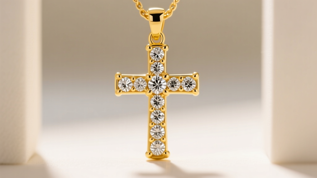 Macro shot of a yellow gold cross pendant with pavé round diamonds, highlighting tiny prong settings and a polished metal texture