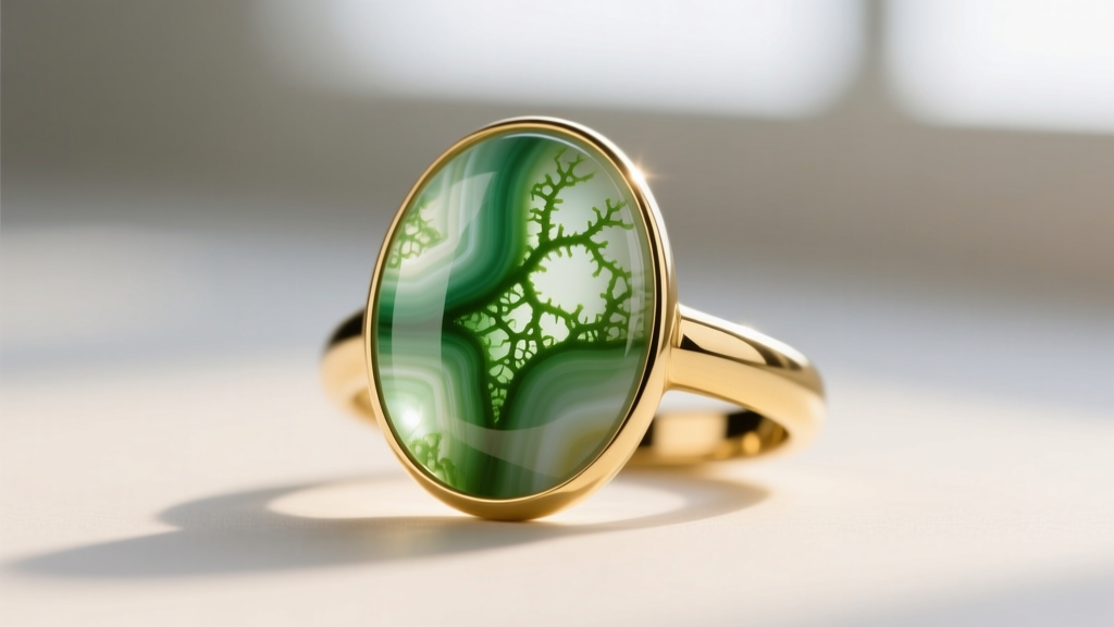 Macro photo of polished moss agate cabochon in 14k gold ring showing green dendritic inclusions against a translucent background