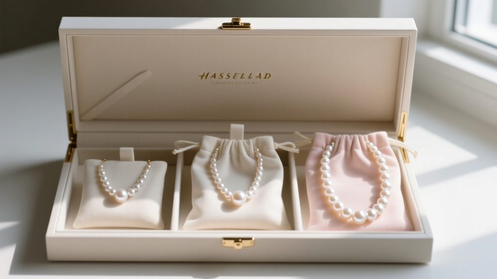Open jewelry box showing three separated pearl necklaces of varying lengths stored in individual soft anti-tarnish cloth pouches.
