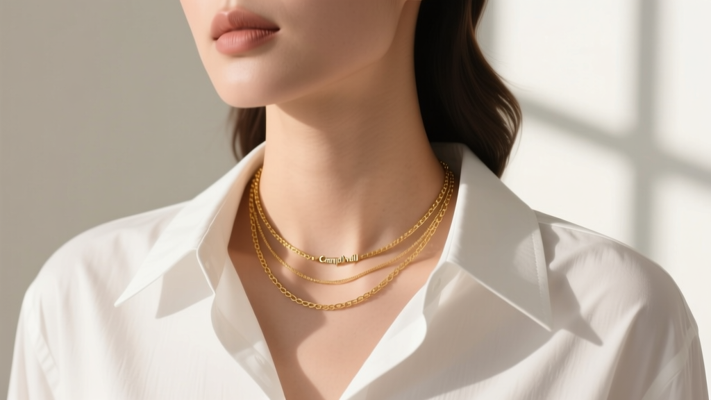 Campbell layering necklace styled with a crisp white button-down shirt, the adjustable gold extender chain visible at the nape.