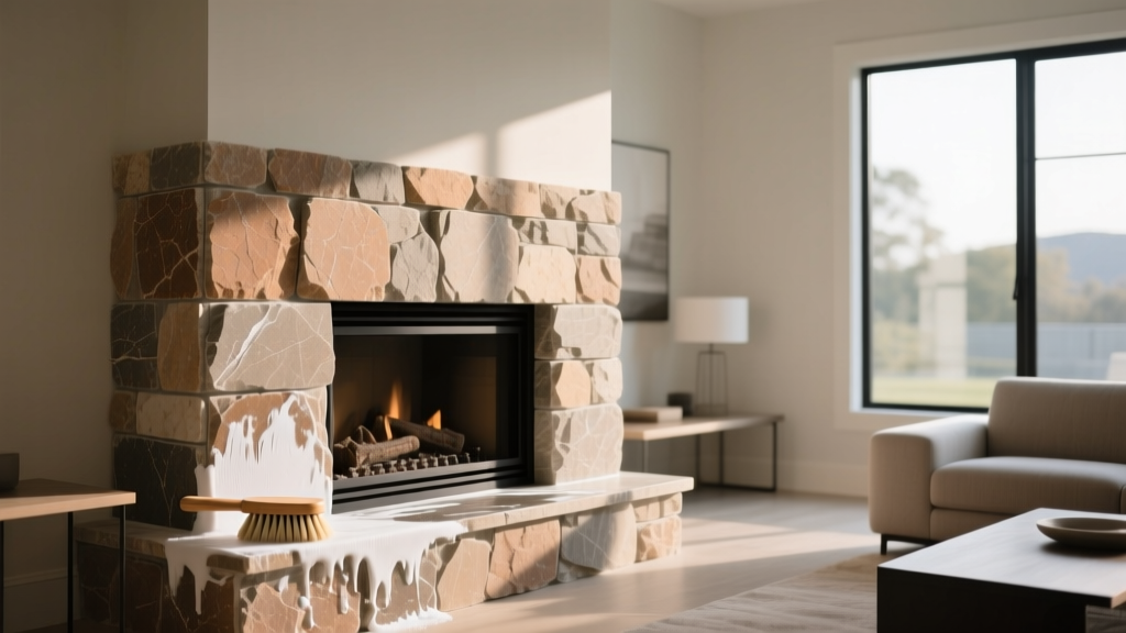 Textured manufactured stone veneer fireplace surround being gently cleaned with a soft bristle brush and pH-neutral stone cleaner