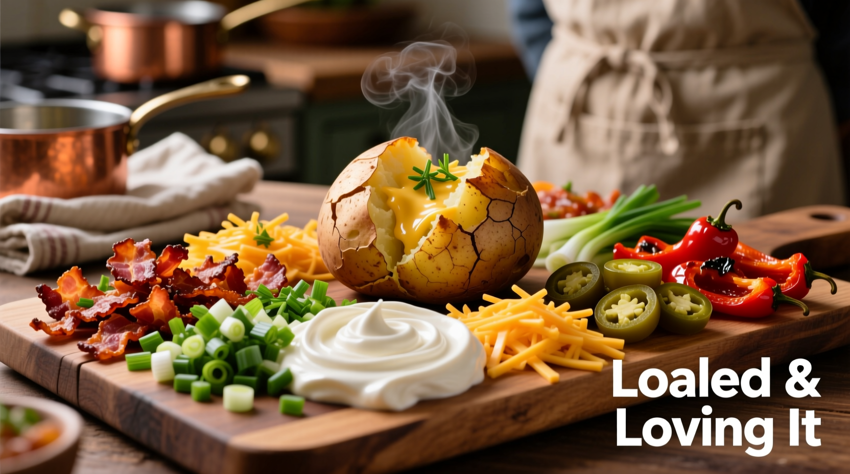 Loaded potato bar with various toppings arranged