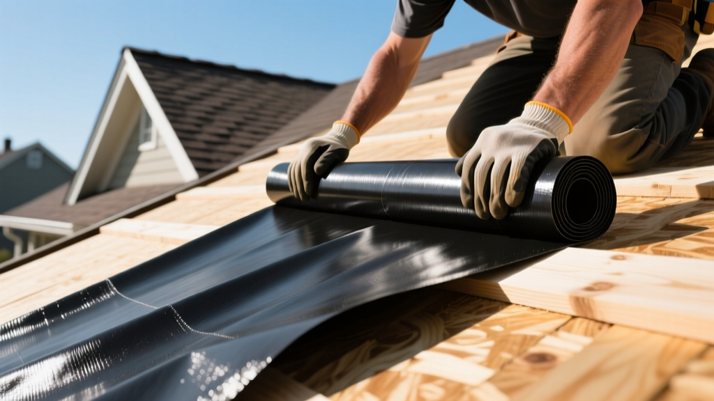 Close-up of a roofing contractor unrolling black synthetic roof underlayment over bare wooden OSB decking on a steep residential roof