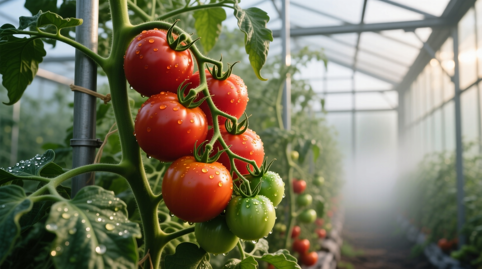 Ripe hothouse tomatoes on vine in greenhouse