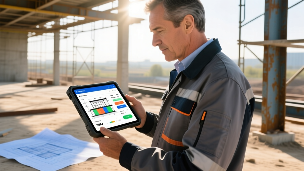 Project manager reviewing digital blueprints on a rugged tablet at a dusty construction site with a mobile estimating app interface