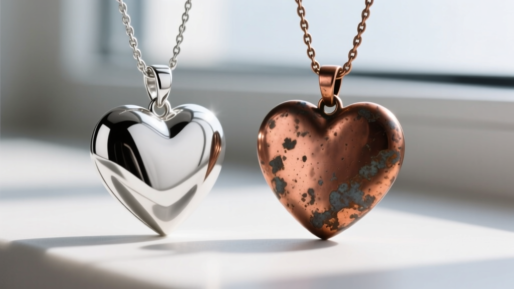 Polished Argentium silver heart pendant next to a tarnished copper heart, highlighting the stark difference in metal brightness.