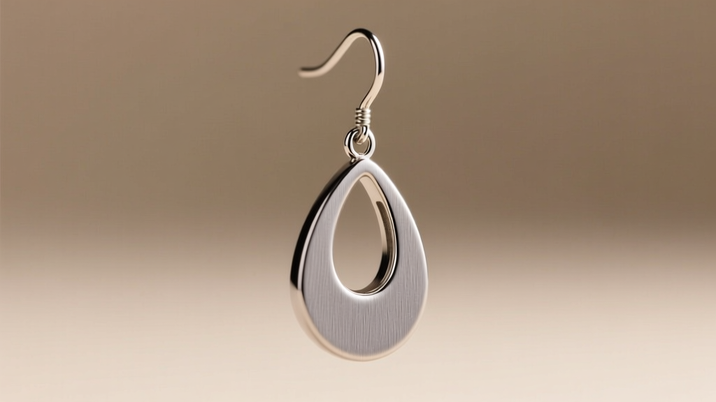 Close-up of a brushed titanium teardrop dangle earring on a 20-gauge French wire, showing a matte grey finish on a beige backdrop