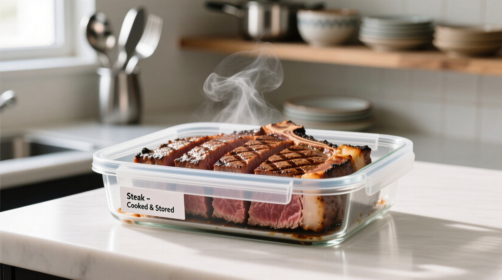 Properly stored cooked steak in airtight container