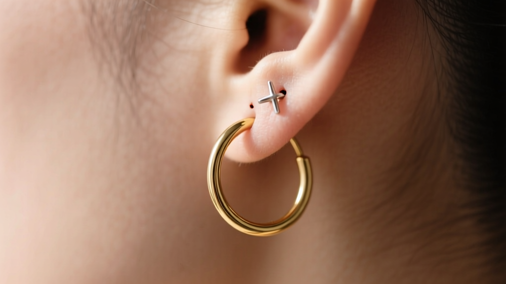 Side-profile of an 18k gold continuous hoop earring in a healed cartilage piercing, highlighting the thin wire and subtle gap.