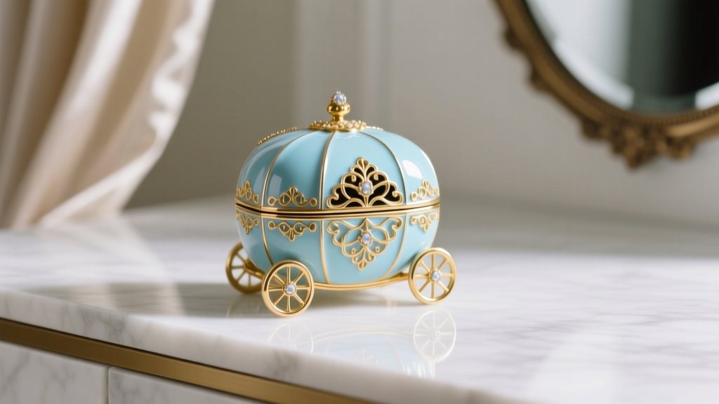 Pastel blue carriage-shaped Cinderella jewelry box in glossy enamel with gold filigree, resting on a white marble vanity top.