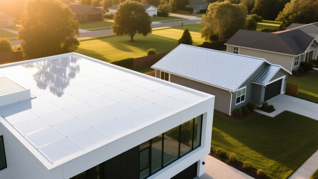 Aerial view of modern building with reflective white TPO roof next to a home with standing seam metal roofing in suburb