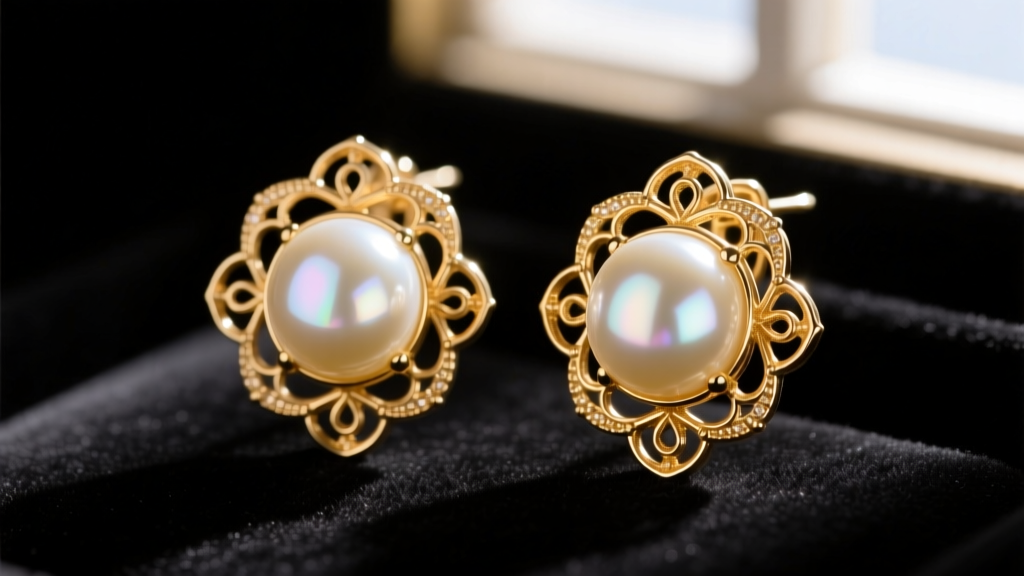 Close-up of 1950s gold-tone omega clip on earrings featuring glowing cream Akoya pearls against a dark velvet background.