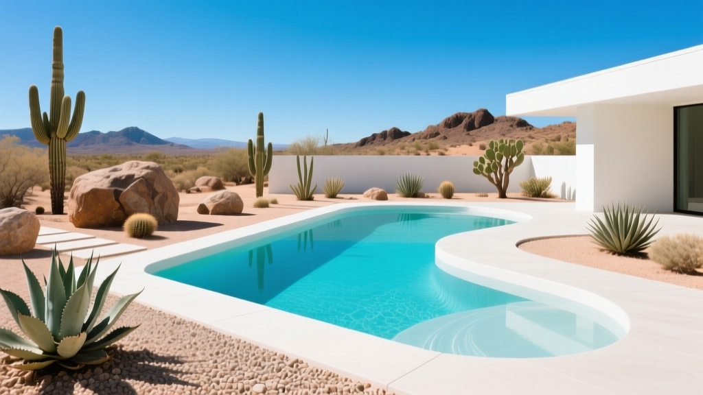 Fiberglass plunge pool in an Arizona backyard surrounded by desert landscaping, boulders, and decomposed granite under a bright clear sky.
