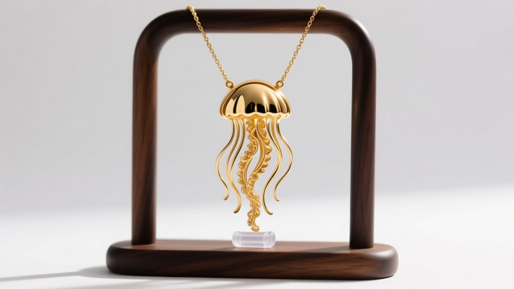 14k gold jellyfish necklace hanging vertically on a velvet wooden stand with tentacles secured by a small clear silicone clasp