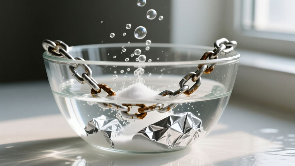 Tarnished silver chain in a glass bowl with baking soda and foil, showing the active electrochemical cleaning process in warm water