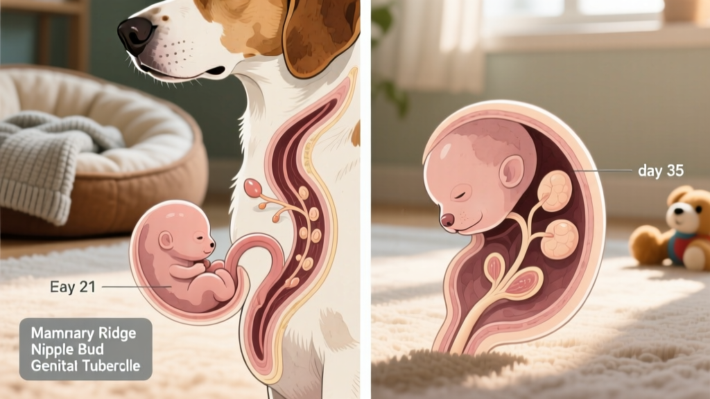 Side-by-side illustration showing embryonic development stages in dogs, highlighting how mammary tissue forms before sex differentiation