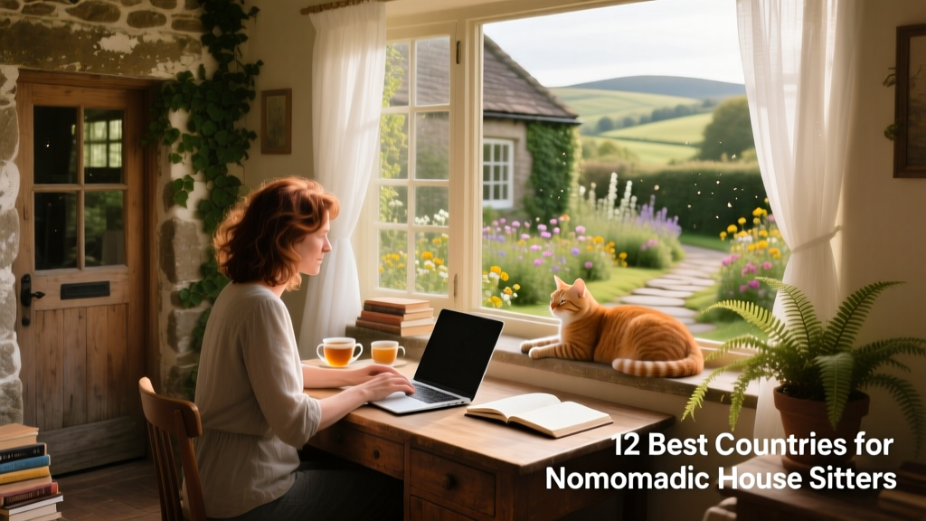 A cozy UK cottage with garden, where a house sitter works on a laptop at a window-side desk with a cat nearby