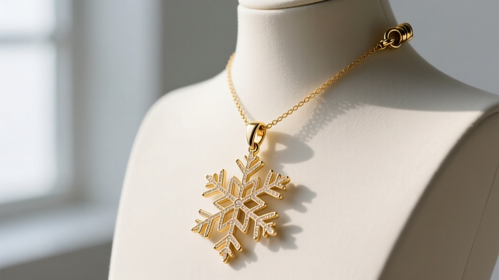 Side profile of a gold vermeil snowflake necklace on a mannequin, showing pendant thickness and a secure lobster clasp detail.