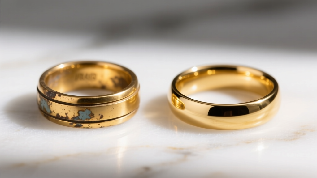 Side-by-side comparison of a tarnished gold-plated brass ring and a pristine 10k solid gold band resting on white marble.