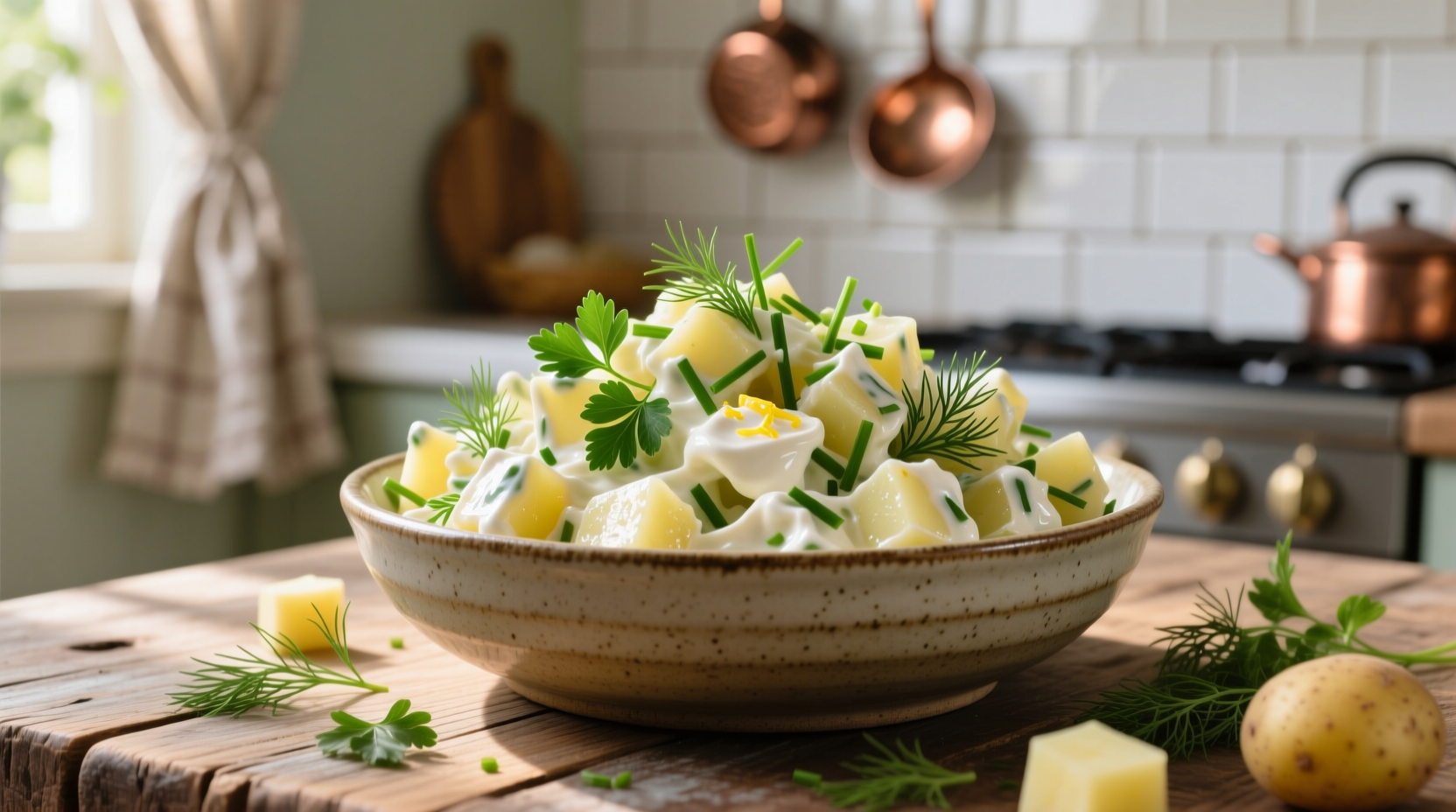Creamy potato salad in bowl with fresh herbs