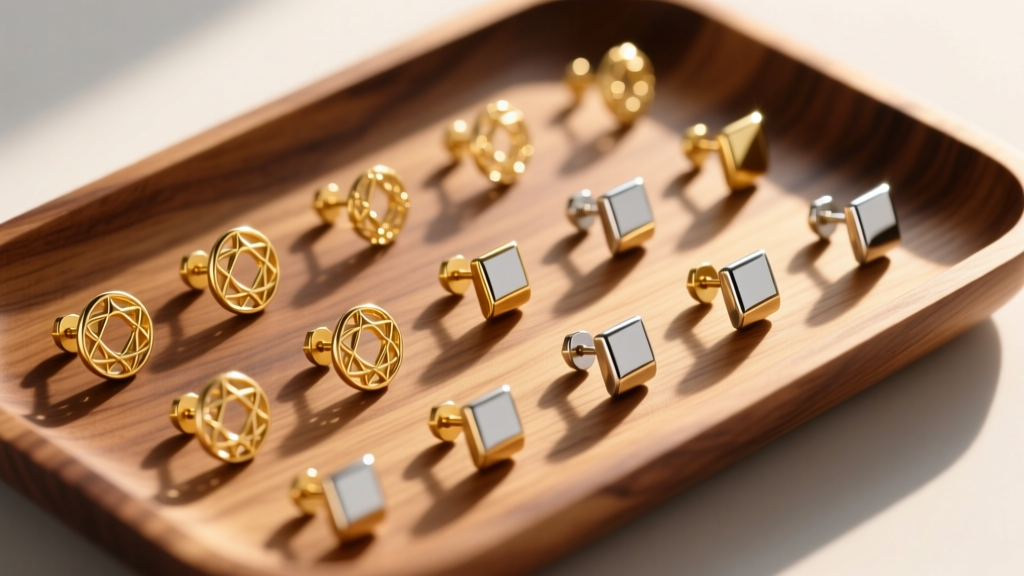 Top-down view of a walnut tray holding organized 18k gold and titanium stud earrings, illuminated by warm, soft morning sunlight.