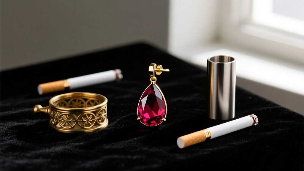 Three cigarette earrings on dark velvet: a vintage brass holder, a minimalist steel cylinder, and a ruby-tipped drop.