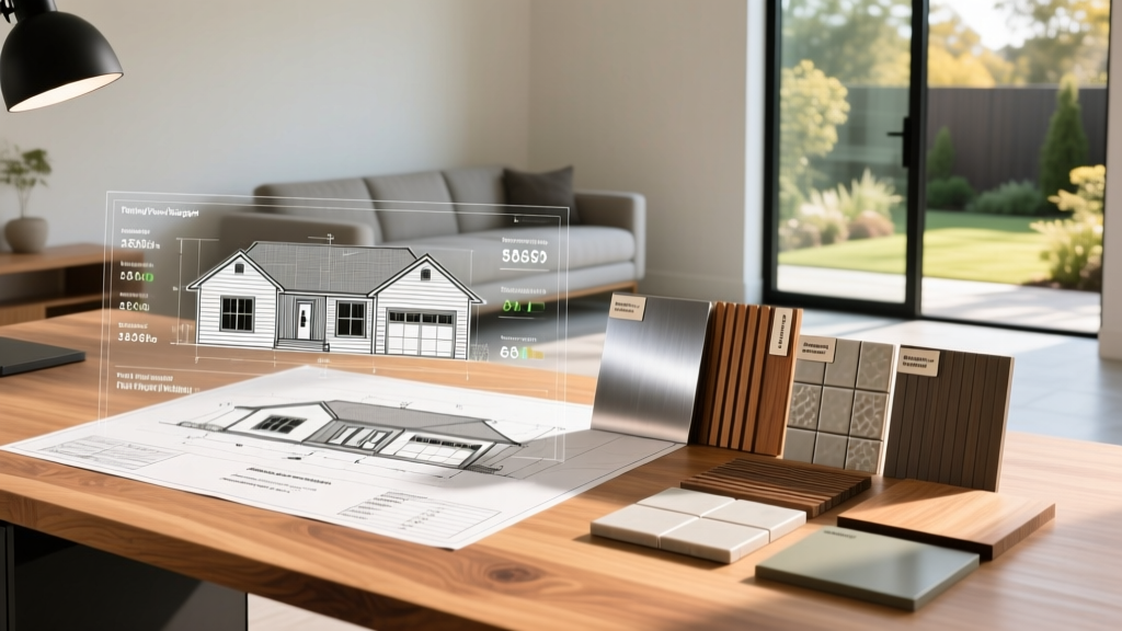 Architectural blueprint of a sprawling single-story ranch home overlaid with a digital cost calculator and material samples on a wooden desk
