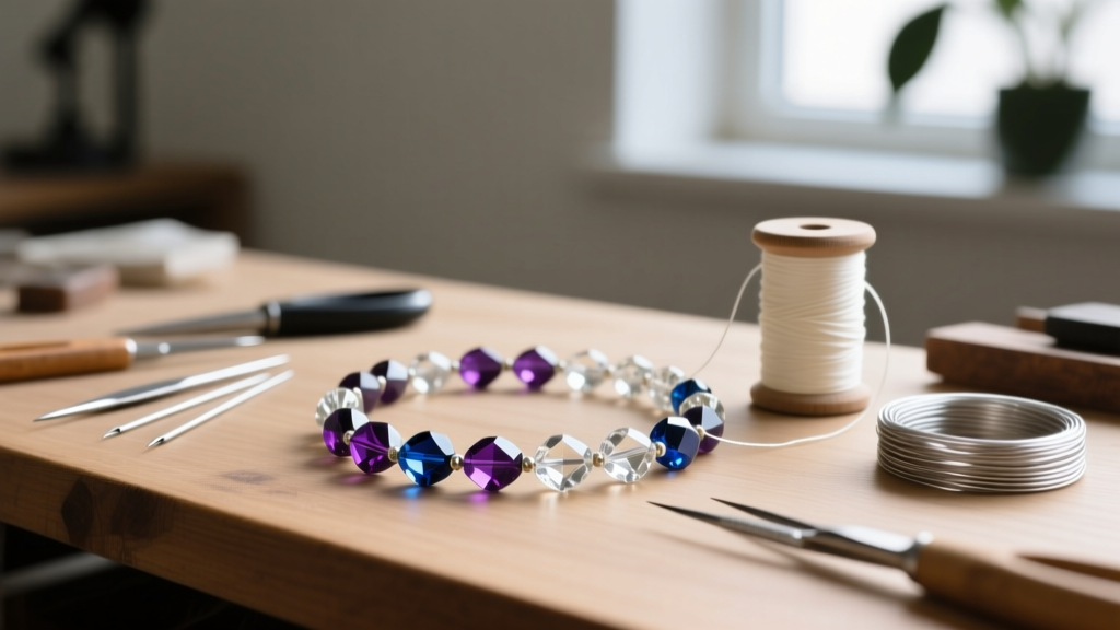 Workbench with tools to restring a vintage crystal bead necklace, including silk thread, needles, and silver French wire.