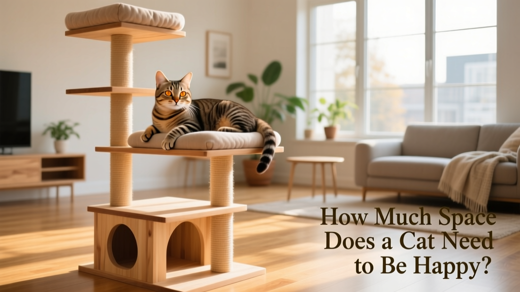 A relaxed cat lounging on a multi-level cat tree with shelves and perches in a sunlit living room