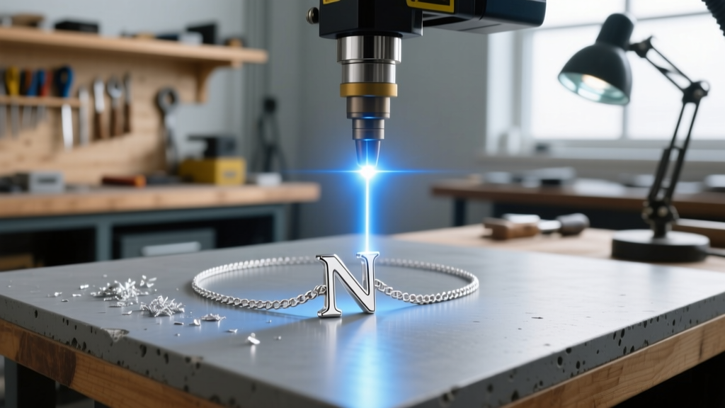 Workbench showing a laser welder repairing a broken 22-gauge jump ring on a sterling silver initial necklace with a letter N charm