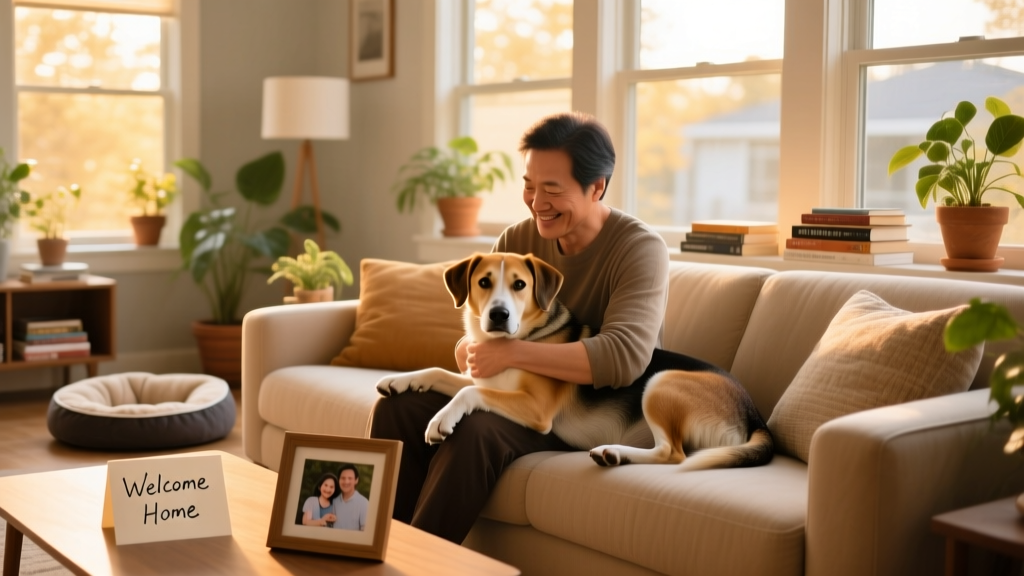 A person gently cuddling their adopted adult dog in a sunlit living room