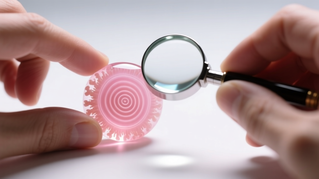 Gemologist inspecting a pink coral bead with a loupe, revealing natural concentric growth rings under bright, focused LED lights
