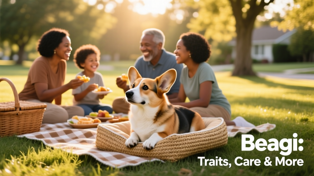 A smiling family enjoying a picnic with their calm, seated Beagi resting beside a woven dog bed