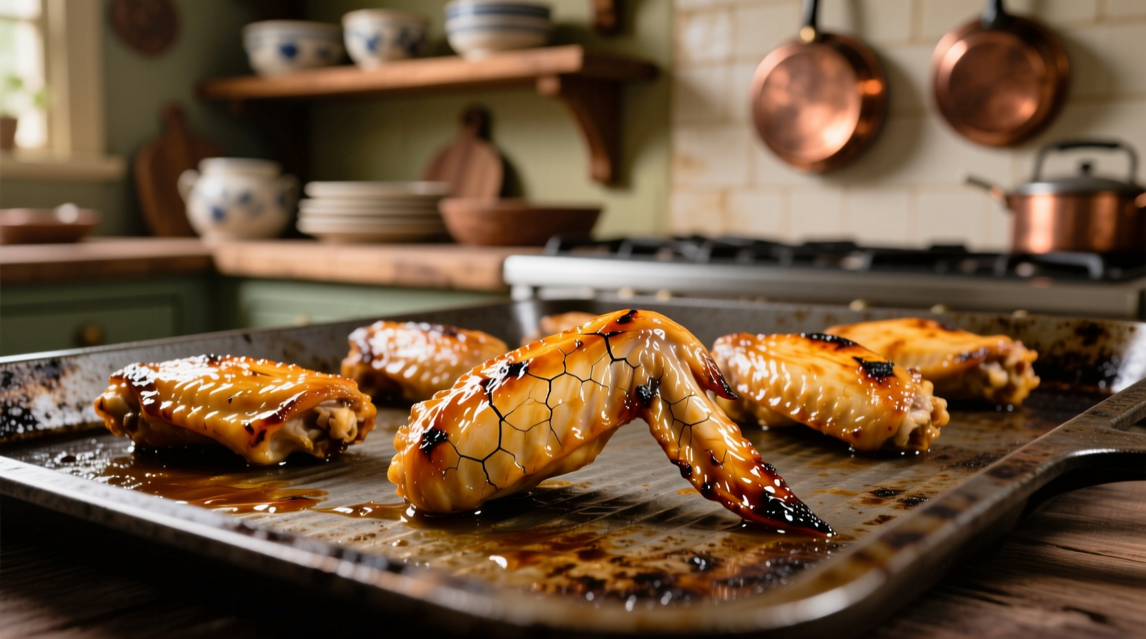 Crispy golden chicken wings on baking sheet