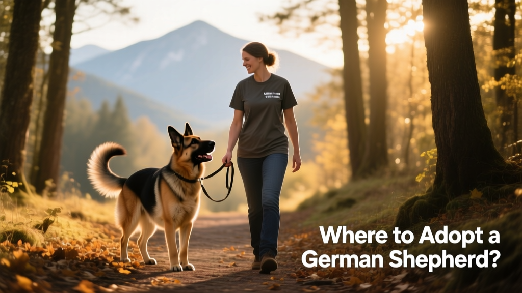 Volunteer walking a German Shepherd on a quiet trail, both relaxed and engaged