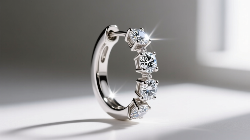 Macro view of a platinum jump ring connecting diamond segments in a high jewelry drop earring, revealing seamless polished joints.