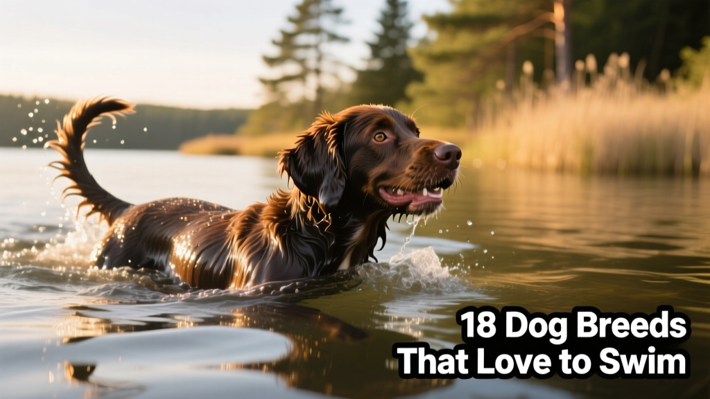 A Portuguese Water Dog swimming confidently in clear lake water, head above surface, tail wagging