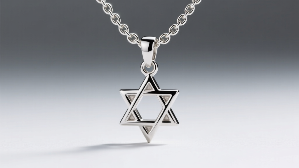 Macro shot of a 2mm sterling silver box chain threading through the soldered bail of a Magen David pendant, showing metal texture.