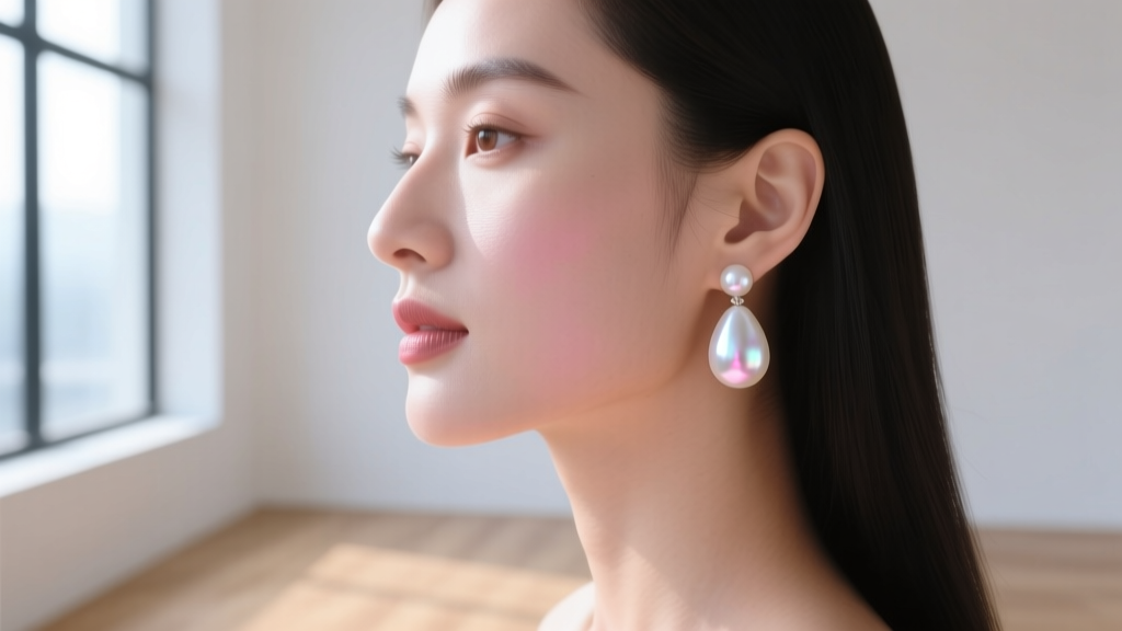 Profile of a woman wearing a South Sea pearl teardrop earring, showing the 12mm jewel aligning with her jawline in soft daylight