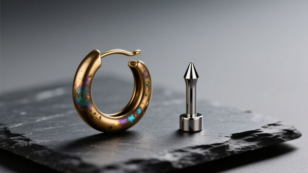 Tarnished brass hoop earring on dark slate next to a polished titanium labret stud under soft, directional studio lighting