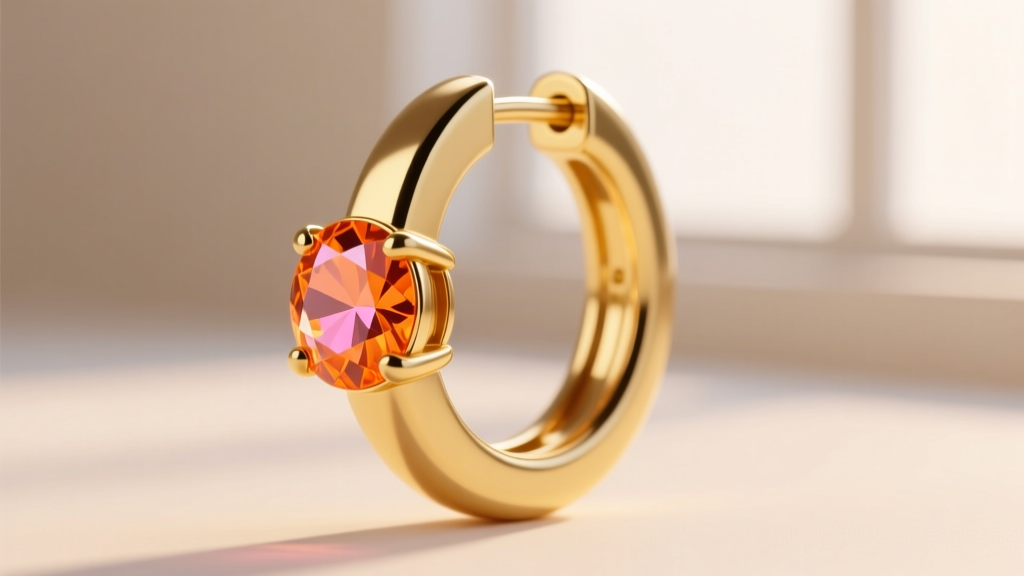 Macro shot of a 16-gauge yellow gold huggie hoop with a snap closure and bezel-set orange padparadscha sapphire