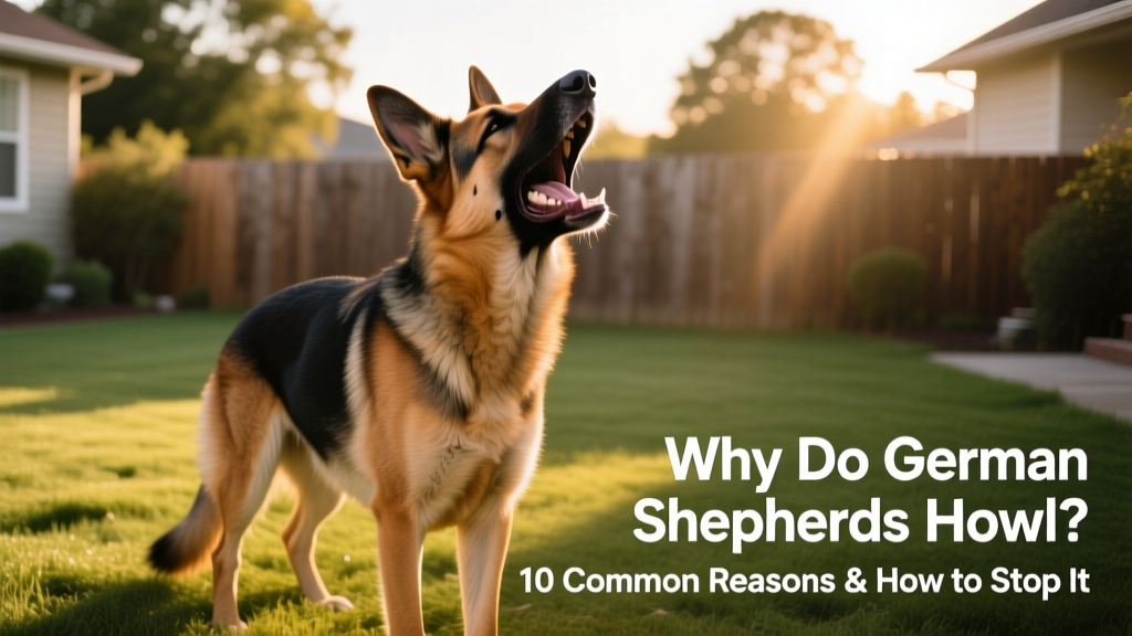 German Shepherd howling with mouth open, ears forward, standing alert in a backyard