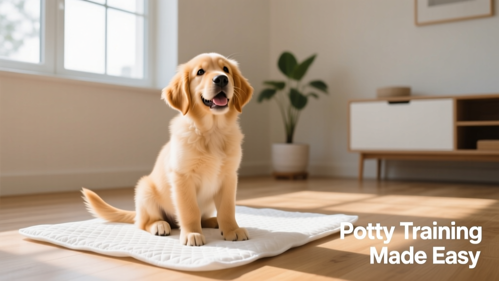A confident, relaxed puppy sitting calmly beside a clean indoor potty pad, looking up at their owner with a happy expression