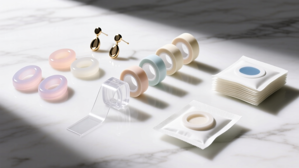 Flat-lay of earring tape products including silicone lobe supports, clear fashion tape rolls, and adhesive remover wipes on marble.