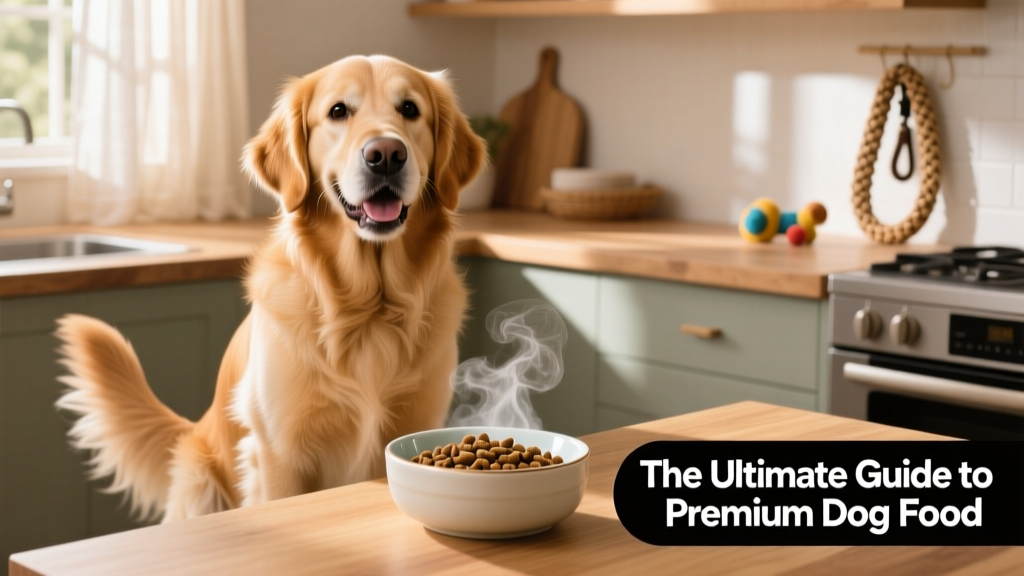A happy, well-groomed dog sitting beside a clean bowl of kibble and fresh water
