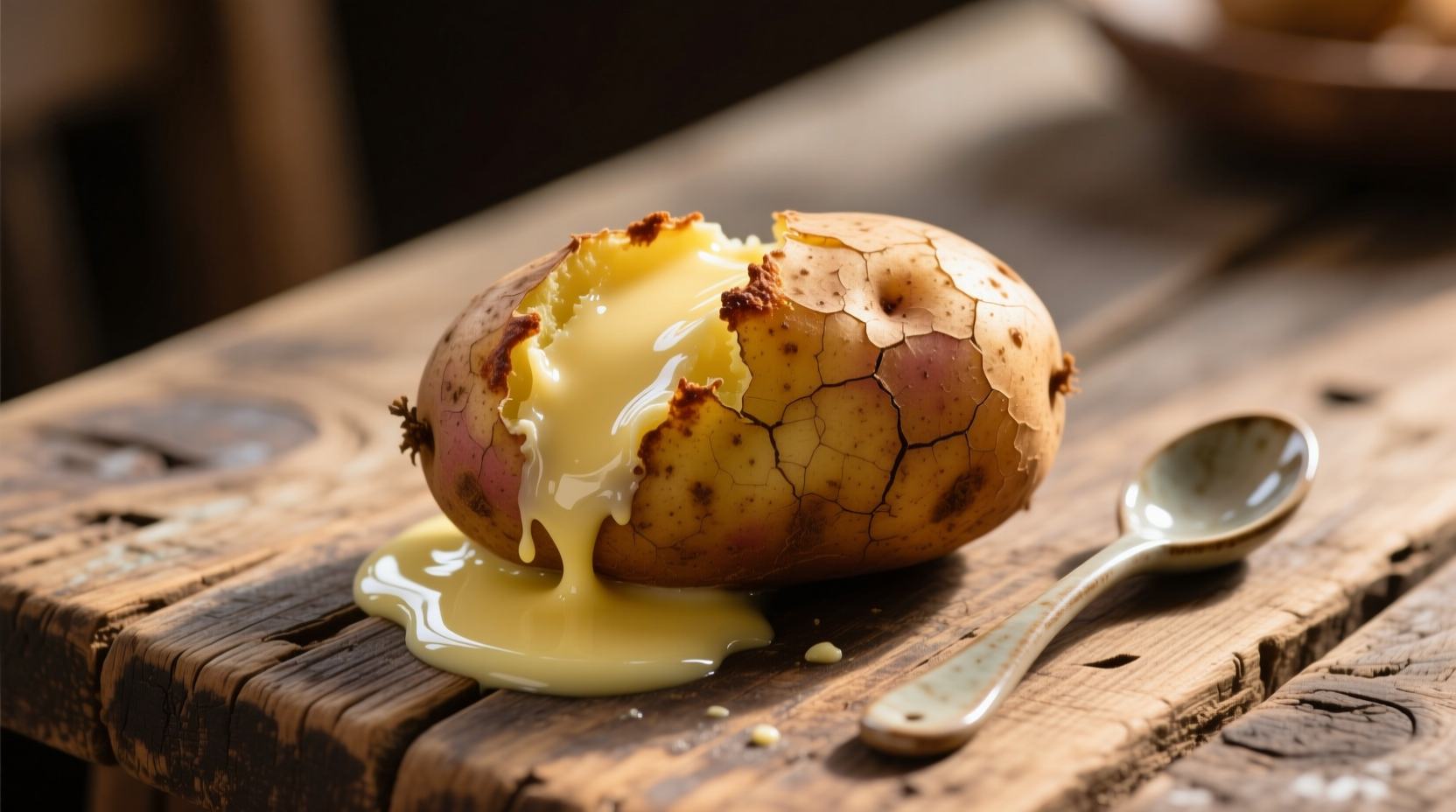 Baked potato with melted butter on a rustic wooden table