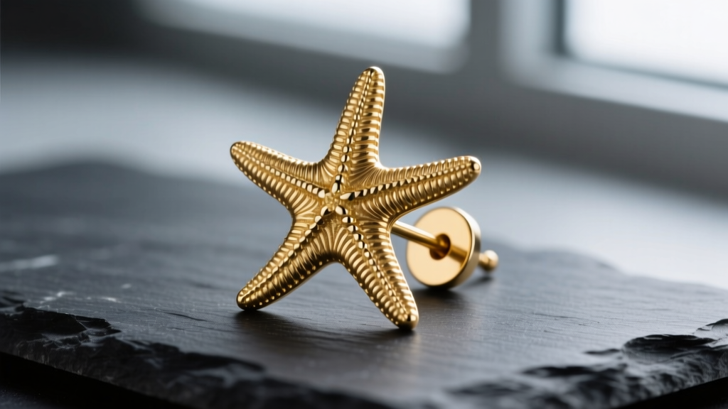 Close-up of a 14k gold starfish earring stud on dark slate, highlighting five textured arms and a secure silicone earring backer.